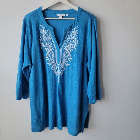 Chico's womens  100% Linen Embroidered V-Neck Tunic size XL Blue 3/4 sleeve - Picture 1 of 7